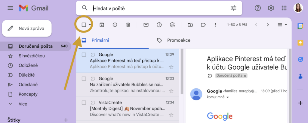 Jak označit více emailu?